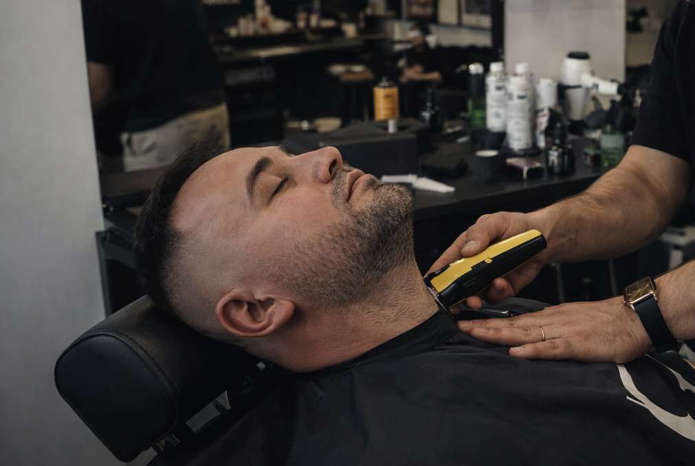 Barber przycina zarost klienta maszynką, wykonując precyzyjne golenie i modelowanie brody w profesjonalnym salonie