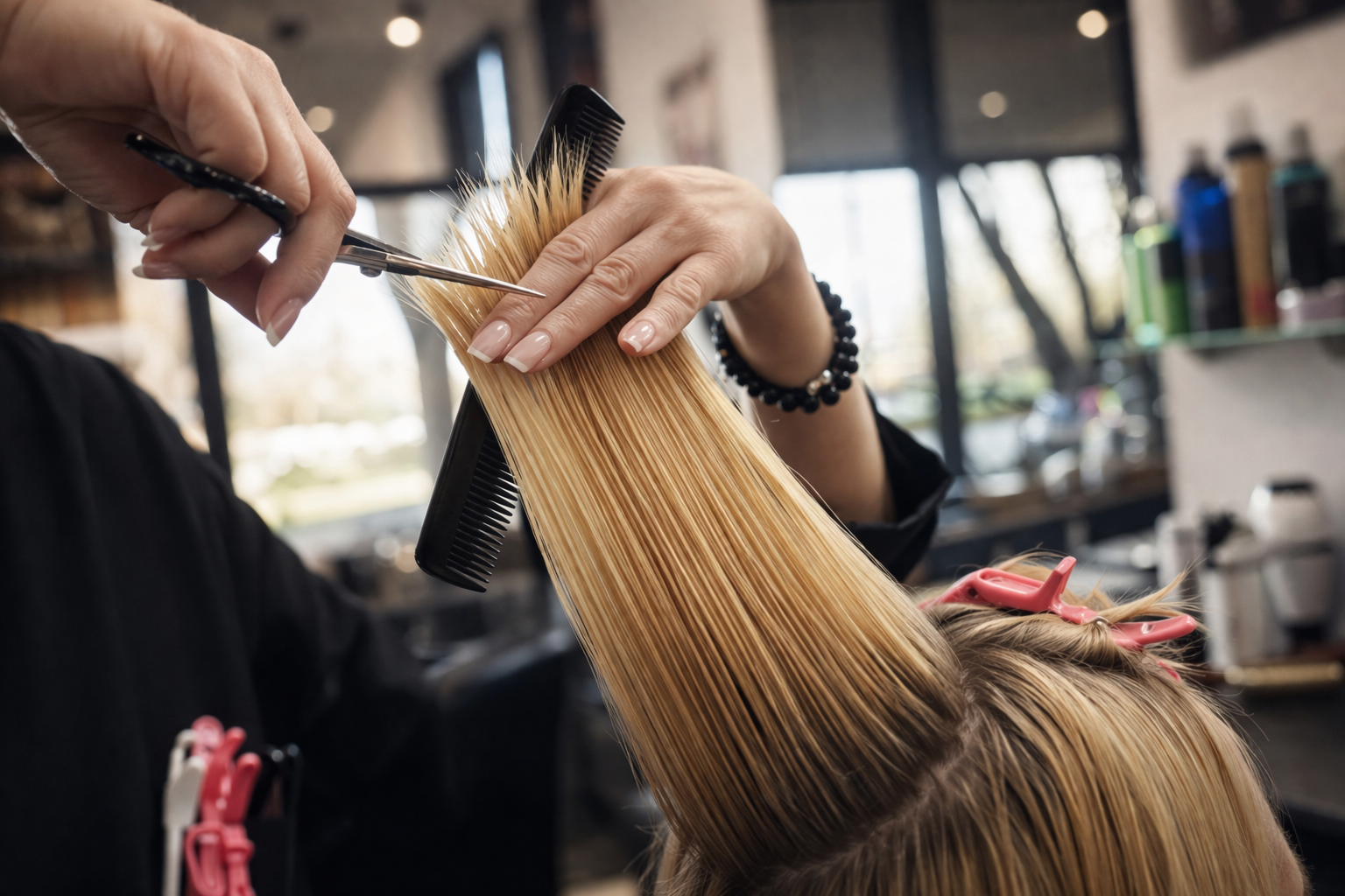 Fryzjer przycina długie włosy klientki przy użyciu nożyczek i grzebienia, wykonując precyzyjne strzyżenie w salonie fryzjerskim