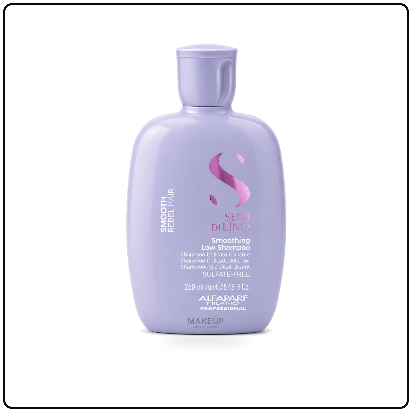Fioletowe opakowanie szamponu wygładzającego Smoothing Low Shampoo marki Alfaparf Milano Professional na białym tle.